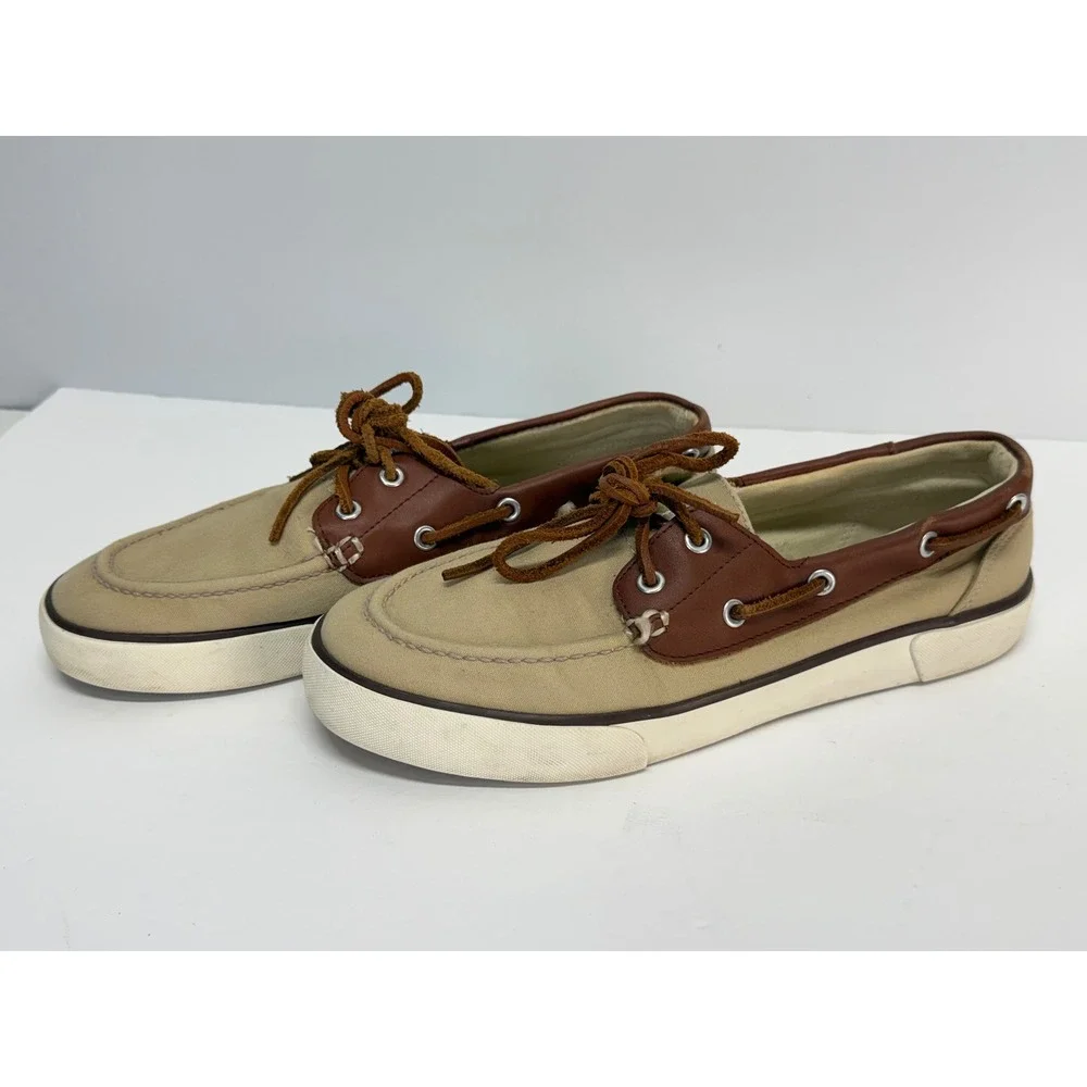 Polo Ralph Lauren Men Canvas Leather Rylander Boat Shoes Tan Brown Loafers